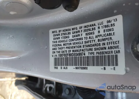 2013 Honda Civic Ex z USA, uszkodzony, nr VIN 19XFB2F88DE049974